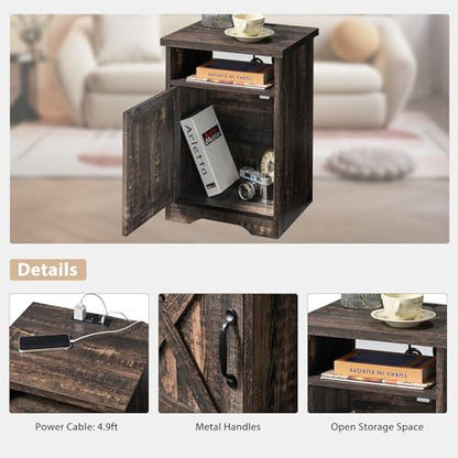 AMERLIFE 3 Piece Farmhouse Living Room Coffee Table Set, Dark Oak | Coffee Table & 2 End Tables with Charging Station and USB Ports, Farmhouse Style, Barn Door Design, Living Room Furniture - color: Dark Oak