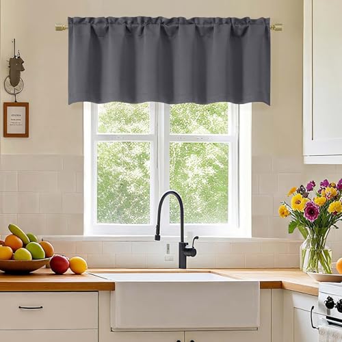 Simplebrand Grey Valance for Windows, Short Blackout Curtains for Bathroom/Laundry/Basement Windows with Rod Pocket, Thermal Insulated Solid Curtain Valance, Each 60Wx18L Inches, 1 Piece - color: Grey, size: 60"W x 18"L (Pack of 1)