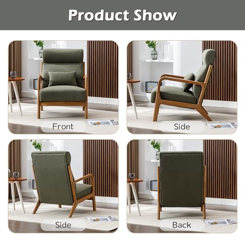 Mid Century Modern Accent Chair with High Back, Upholstered Living Room Chairs with Waist Cushion, Wood Frame Reading Armchair for Bedroom Sunroom, Green - color: Blackish Green