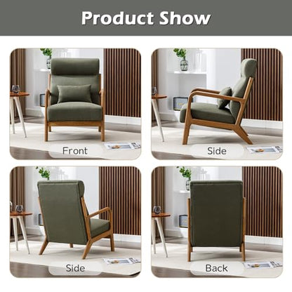 Mid Century Modern Accent Chair with High Back, Upholstered Living Room Chairs with Waist Cushion, Wood Frame Reading Armchair for Bedroom Sunroom, Green - color: Blackish Green