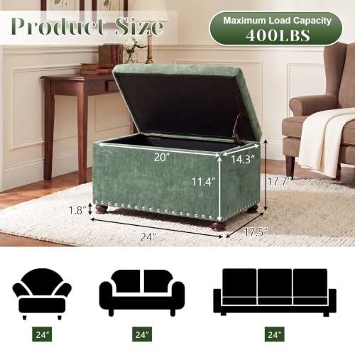 24" Storage Ottoman,Tufted Upholstered Fabric Ottoman Bench | Hidden Storage,Foot Rest Stool for Living Room Bedroom Entryway,Nailhead Trim,Wooden Legs,400 lbs Capacity - color: Green