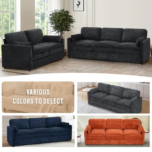 89" Chenille Soft Sofa w/Well-Filled Backrests, Black | Modern Couch w/Plump Pillows, 3 Seater Upholstered Couch w/Thick & Comfy Cushions for Living Room, Bedroom - color: Black, size: Sofa