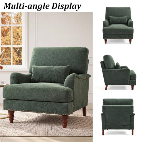 Mid-Century Modern Accent Chair with Lumbar Pillow, Green, 2 Pack | Upholstered Chenille Armchair, Solid Wood Frame & Legs, Comfy Reading Lounge Sofa for Living Room Bedroom, & Small Spaces - color: Chenille Green, size: 2 Seat