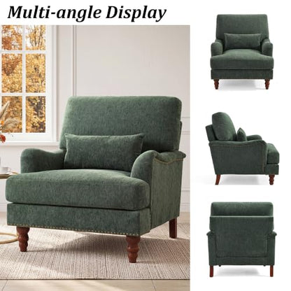 Mid-Century Modern Accent Chair with Lumbar Pillow, Green, 2 Pack | Upholstered Chenille Armchair, Solid Wood Frame & Legs, Comfy Reading Lounge Sofa for Living Room Bedroom, & Small Spaces - color: Chenille Green, size: 2 Seat
