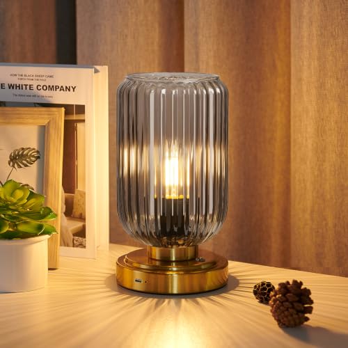 LightRound Cordless Table Lamp for Bedroom, Touch Stepless Dimmable | 7500mAh Rechargeable Battery, Gray Glass Shade, Brushed Gold Base, Bulb Included, Modern Wireless Lamp for Desk, Living Room - color: Gray Glass-Brushed Gold Base