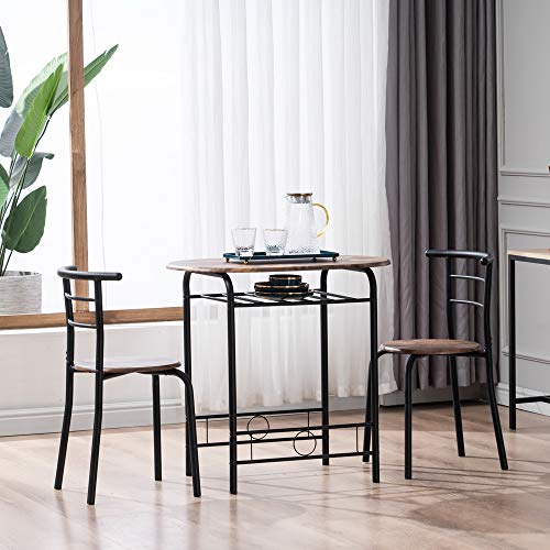VINGLI 3 Piece Dining Set, Small Kitchen Table Set for 2, Breakfast Table Set, Kitchen Wooden Table with 2 Chairs for Small Space/Dining Room/Apartment, Metal Frame, Wine Rack, Burnt Brown - color: Burnt Brown