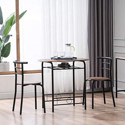 VINGLI 3 Piece Dining Set, Small Kitchen Table Set for 2, Breakfast Table Set, Kitchen Wooden Table with 2 Chairs for Small Space/Dining Room/Apartment, Metal Frame, Wine Rack, Burnt Brown - color: Burnt Brown