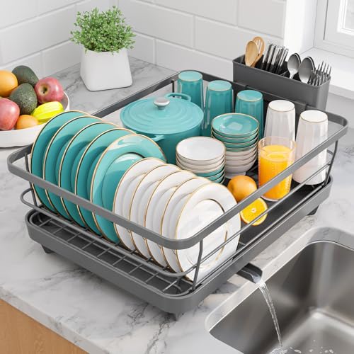 Sakugi Dish Drying Rack - Stainless Steel Dish Rack with Drainboard for Kitchen Counter and Sink, 15.6" D x 12" W x 5" H, Grey - color: Gray, size: 15.6"D x 12"W x 5"H