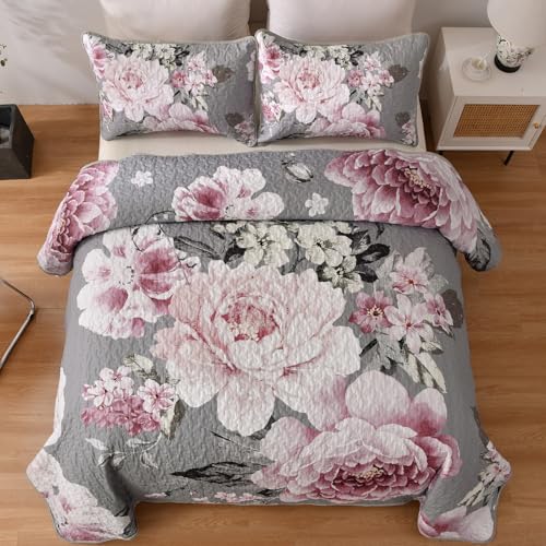 WONGS BEDDING Floral Quilt Set Queen, Grey 3 Pieces Elegant Pink Flower Quilt Bedding Set for All Season Soft Microfiber Lightweight Reversible Bedspread Coverlet with 2 Pillow Shams 96"X90" - color: Grey, size: Queen 90"×96"