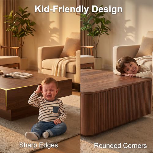 31.5"Walnut Lift Top Coffee Table with Storage for Living Room, LED Lights | Fluted Square Coffee Table,Charging Station, Large Hidden Storage,Mid Century Modern Design, Heavy-Duty Hydraulic Gas Spring
