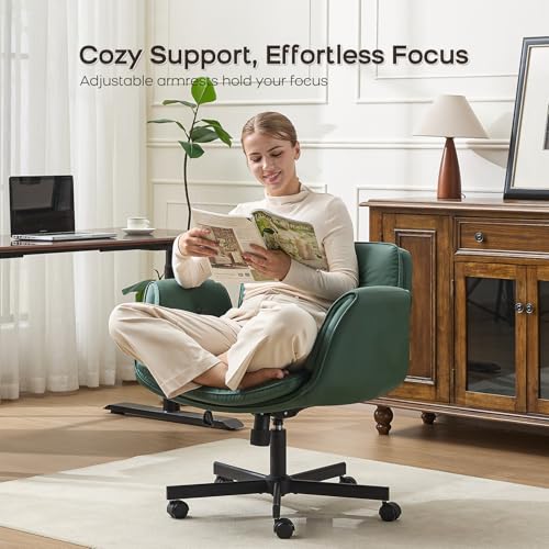 amseatec Criss Cross Office Chair, Swivel Makeup Vanity Chair with Wheels | Wide PU seat supports cross-legged, fidget-friendly sitting; 5-level armrests create pet space; wipe-clean finish eases care - color: Green