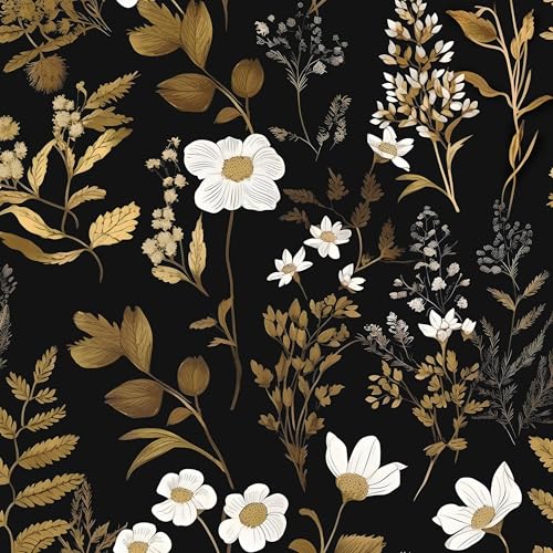 Black and Gold Botanical Peel and Stick Wallpaper 17.4" x 394" | Renter Friendly, Removable & Waterproof, Vinyl Easy Install for Bedrooms, Bathrooms, Kitchens, Cabinets and Home Decor - color: Golden/Black, size: 17.4" x 394"