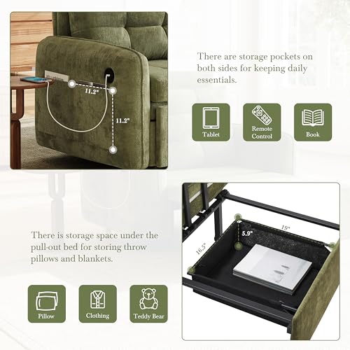 3-in-1 Convertible Sleeper Chair Bed, Multi-Functional Chenille Single Sofa Bed with Storage Pockets and Box, 80" Extra Long Pull Out Sleeping Lounge Chair for Living Room & Apartment (Green,35) - color: Green,35
