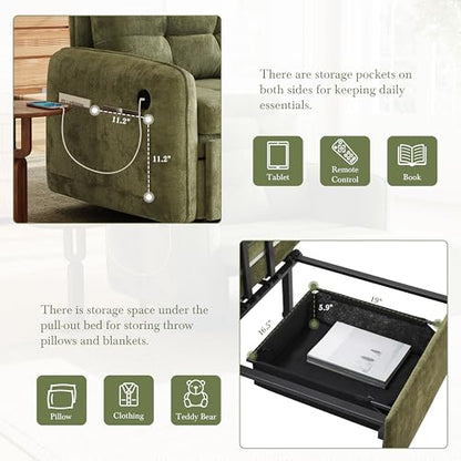 3-in-1 Convertible Sleeper Chair Bed, Multi-Functional Chenille Single Sofa Bed with Storage Pockets and Box, 80" Extra Long Pull Out Sleeping Lounge Chair for Living Room & Apartment (Green,35) - color: Green,35