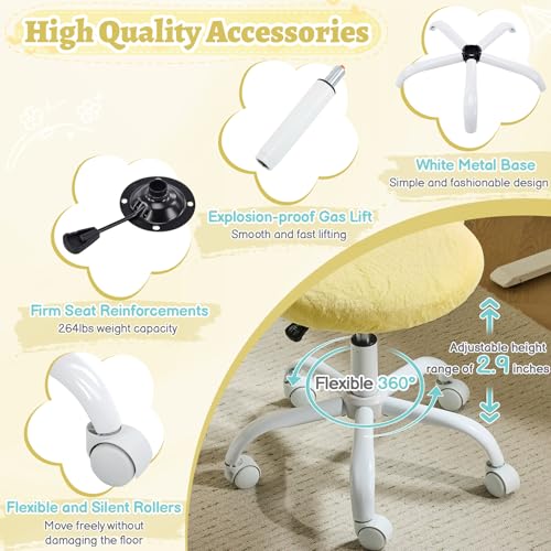 VINGLI Small Vanity Chair with Faux Fur Wheels for Girls,Cute Adjustable Height Armless Office Desk Chair,360°Swivel Comfy Rolling for Study,Make up Room,Small Space,Yellow - color: Furry Yellow