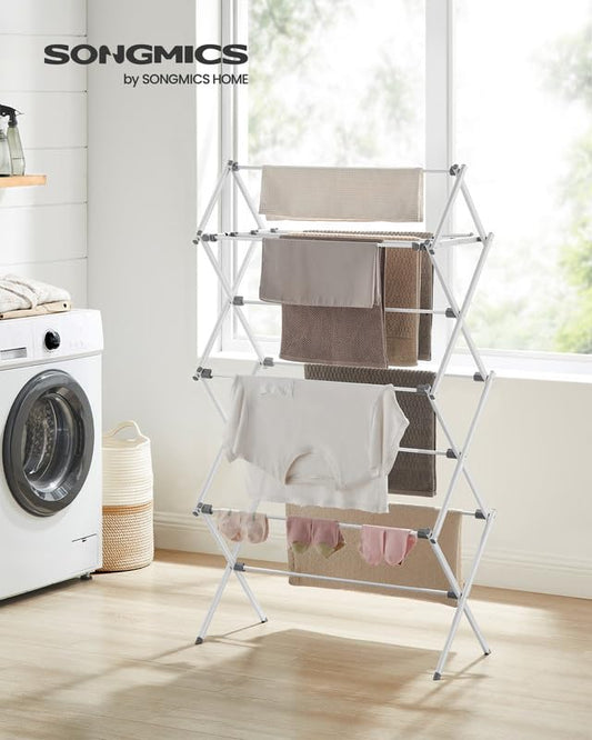 SONGMICS Foldable Clothes Drying Rack, Laundry Drying Rack, Clothes Airer, Steel Frame, 14.6 x 29.5 x 53.2 Inches, Easy Assembly, Indoor Outdoor Use, White ULLR770W01 - color: White, size: 29.5" W