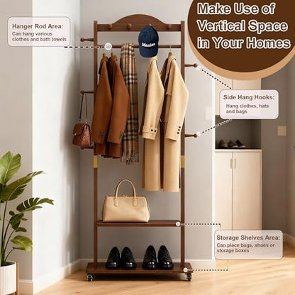 Walnut Brown Solid Wood Coat Rack Freestanding with Wheels - Heavy Duty Clothes Rack with 2 Storage Shelves & 9 Hooks, Wooden Coat Rack Stand Hat Hanger Rack for Bedroom Entryway Living Room Hotel - color: Walnut 2