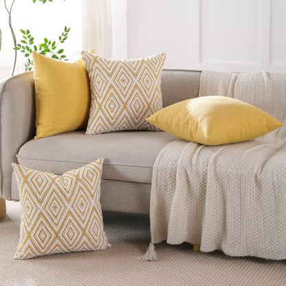 HPUK Throw Pillow Covers 20x20, 4 Pack, Ochre Textured Couch Pillow Covers | Polyester fabric, patterned and solid designs, hidden zippers, machine washable, for sofas and beds, inserts not included - color: Ochre, size: 20" x 20" (Pack of 4)