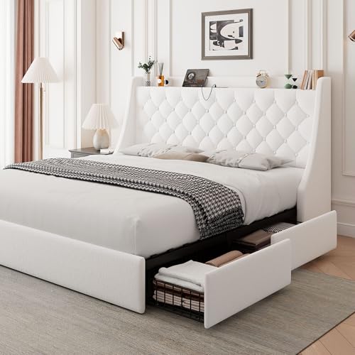 Feonase Upholstered Full Size Bed Frame with 4 Storage Drawers, Charging Station, Tufted Wingback Storage Headboard, No Box Spring Needed, Easy Assembly, White - color: White, size: Full