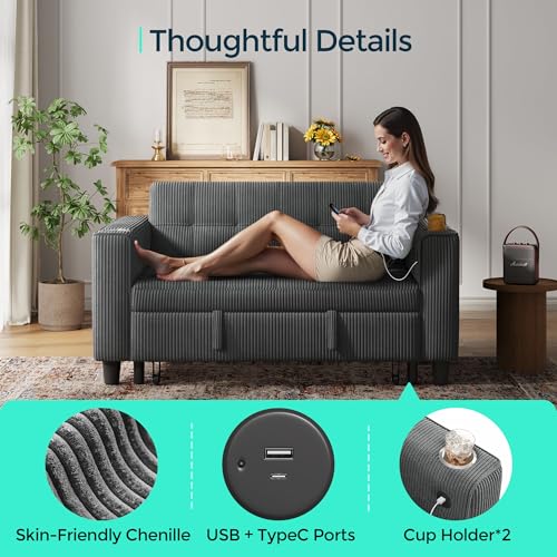 LINSY 54" Pull Out Couch with Charging Station - Sleeper Sofa Bed with Cup Holder, Small 3 in 1 Convertible Loveseat Sleeper Couch for Apartment, Dorm Room, Bedroom and Small Space, Dark Gray - color: Charcoal