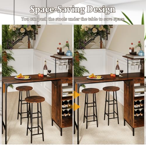 GOFLAME Bar Table Set for 2, Counter Height Dining Table Set with Shelves, Cup Holder & Wine Rack, Breakfast Table & Stools Set, 3-Piece Pub Table Set for Kitchen, Dining Room, Rustic Brown - color: Rustic Brown