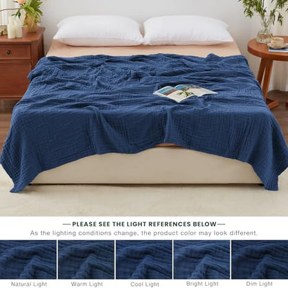 Love's cabin 100% Cotton Muslin Blanket, 6 Layer Lightweight Breathable Gauze King Size Blanket 108 x 90 Inches, Soft Summer Blanket for Bed, Dark Blue - color: Dark Blue, size: King(108"x90")