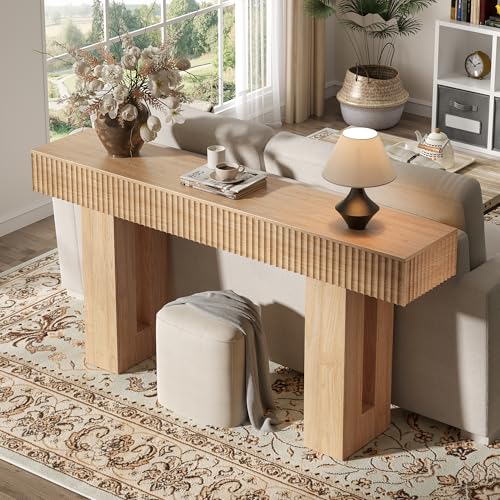 63-Inch Long Entryway Console Table with a Fluted Design, Thick Wood Farmhouse Sofa Table Behind Couch, Narrow Hallway Accent Table for Living Room, Foyer, Entrance, Natural Oak - color: Natural Oak, size: 63 Inch