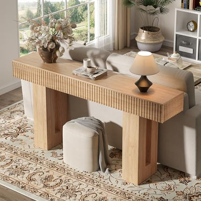 63-Inch Long Entryway Console Table with a Fluted Design, Thick Wood Farmhouse Sofa Table Behind Couch, Narrow Hallway Accent Table for Living Room, Foyer, Entrance, Natural Oak - color: Natural Oak, size: 63 Inch