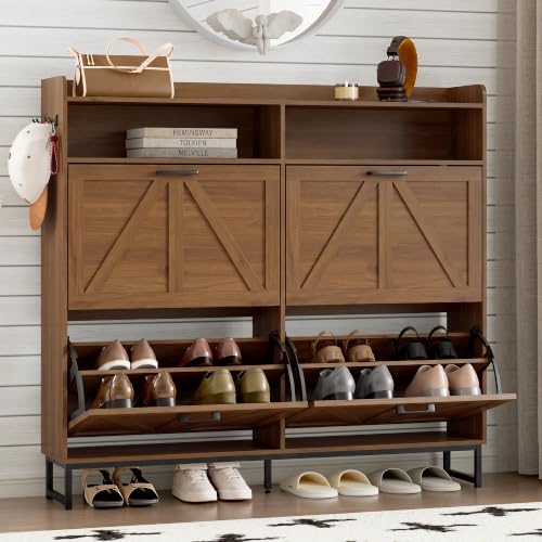 BORNOON Shoe Cabinet with 4 Flip Drawers Narrow Shoe Storage Cabinet Organizer Wooden Freestanding Shoe Rack Hidden Slim Shoes Storage Cabinet for Entryway, Hallway, Living Room, Bedroom - color: Walnut, size: 4-Drawer