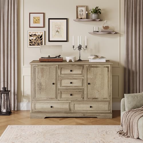 GarveeHome 47" Farmhouse Sideboard Buffet Cabinet, Sideboard Storage credenza with 5 Drawers and 2 Doors, Wood Coffee Bar Cabinet, Buffet Table for Dining Room Living Room, Oak - color: Oak