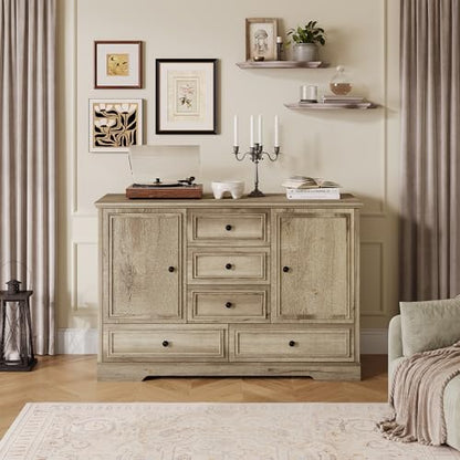 GarveeHome 47" Farmhouse Sideboard Buffet Cabinet, Sideboard Storage credenza with 5 Drawers and 2 Doors, Wood Coffee Bar Cabinet, Buffet Table for Dining Room Living Room, Oak - color: Oak
