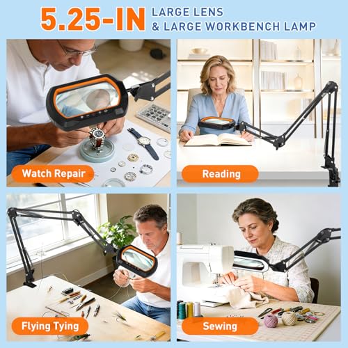 HITTI 12X Square Ultra Long Magnifying Glass with Light and Clamp | 3-Section Arm Hands Free Lighted Stand, 5 Color Modes, Stepless Dimming LED Desk Lamp for Workbench, Crafting, Reading-Yellow
