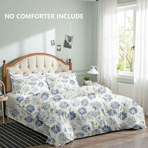 Nanko White And Blue Floral Duvet Cover Set Queen Size, Dandelion Flower Green Leaf Print Pattern, Soft Microfiber Comforter Bedding Cover with Zip Ties - Spring Farmhouse for Women Men, 3 Pcs 90 x 90 - color: Blue White Floral, size: Queen
