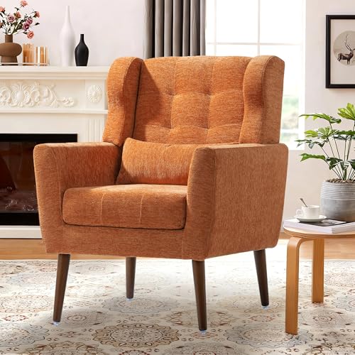 Modern Accent Chair, Upholstered Armchair with Pillow, Fabric Single Sofa Chair with Lounge Seat and Wood Legs Accent Chair for Living Room Bedroom Small Spaces (Orange, Set of 1) - color: Orange, size: Set of 1