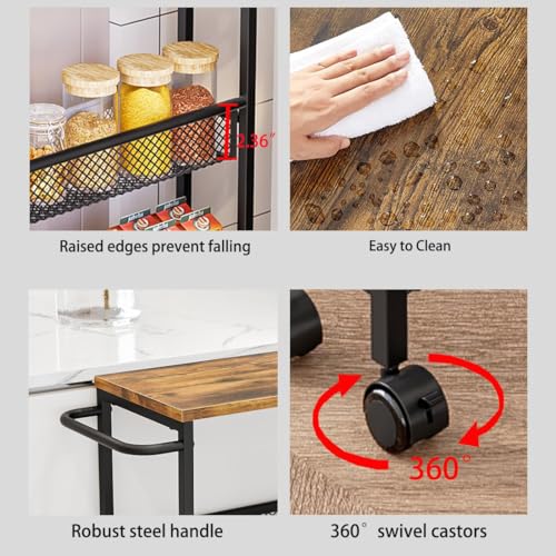 Slim Rolling Cart 4 Tier Narrow Storage Cart on Wheels with Handle | Lockable Wheels, Wood Top Panel, Metal Frame Utility Carts for Kitchen, Dining, Living, Home Office, Laundry Room - size: 16.38 x 9.06 x 30.31 inch