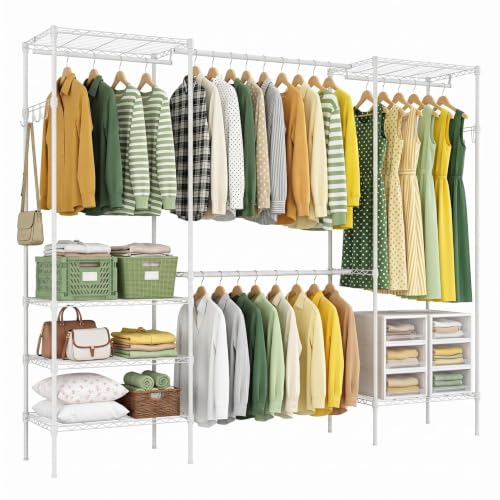 Expandable Clothes Rack, 15.7" D x (70.9"-90.6") W x 76.8" H, White | Freestanding Wire Garment Clothing Rack with 4 Hanging Rods, Max Load 1000lbs, Adjustable, Heavy Duty - color: White