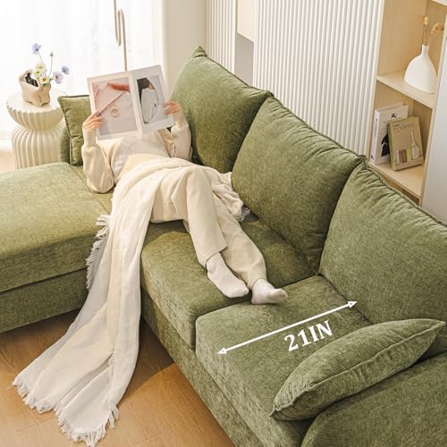 86'' Sectional Couches,with Movable Chaise Lounge,Chenille,Green | L Shaped Couch,Comfy 3 Seats Sofa with Thick Cushion,Wood Legs,2 Throw Pillows,Sectional for Living Room,Bedroom,Apartment - size: 86'' L Shaped Sofa