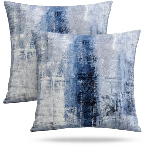 Blue and Grey Abstract Art Artwork Pillow Cover, Gallery Modern Decorative Throw Pillows Cushion Cover for Bedroom Sofa Living Room 18 x 18 Inch Set of 2 | Decorative Throw Pillow Covers Cushion Covers for Couch Bedroom Sofa Living Room - color: Blue and