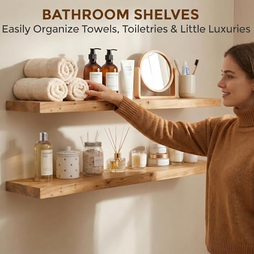 Dreamland 40 Inch Long Floating Shelves Set of 2, Rustic Solid Elm Wood Floating Shelf Wall Mounted, 8 Inch Deep Wooden Wall Shelves for Living Room, Bedroom, Bathroom, Kitchen, Natural - color: Natural, size: Flat Edge - 40"L