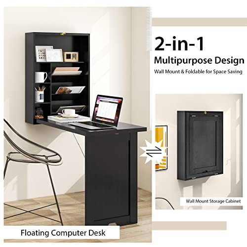 Wall Mounted Desk, Wood Collapsible Floating Desk, Convertible Computer Desk with Storage Area, Hanging Fold Out Table for Home Office, Small Spaces (Black) - color: Black