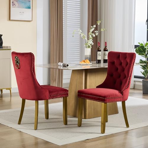 KEIKI Upholstered Velvet Dining Chair, Mid-Century Tufted Accent Seat | with Golden Solid Wood Legs for Dining Room Kitchen Room, Wine Red - color: Wine Red