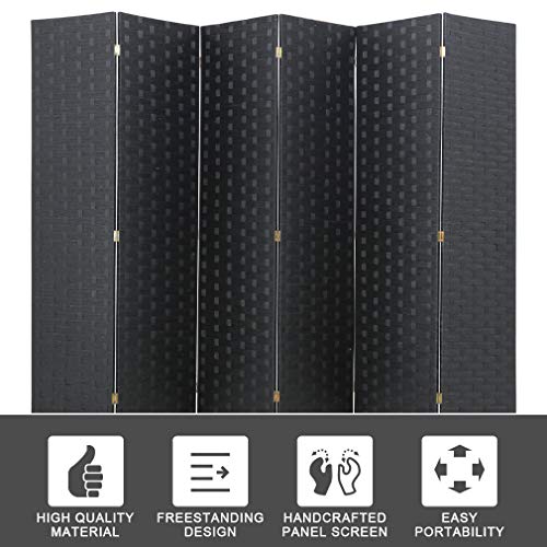 FDW 4-Panel Folding Room Divider | 6ft, Black | Light & Portable | Wooden Wall Divider with Hand Woven Mesh | Easy to Move Privacy Screen | For Space Separation, Living Room, Bedroom, Office - color: Black, size: 6 Panel