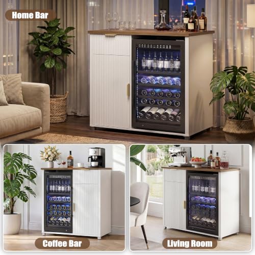Apicizon Coffee Bar Cabinet with Fridge Space, Modern Fluted Coffee Station with Wine Beverage Storage, Drawer, Glass Holder, Wood Buffet Sideboard Table for Kitchen, Dining Room, 41.33" L, White - color: White