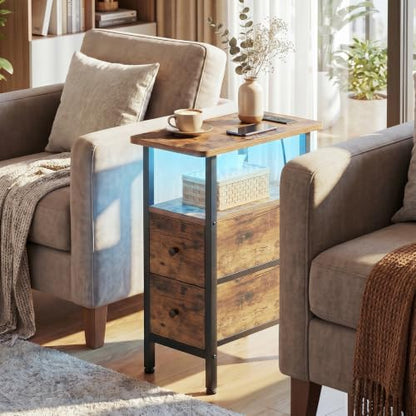 Narrow End Table with Charging Station, Small Nightstand | Skinny Side Tables Living Room with 2 Fabric Drawers, Slim Bedside Table with LED Lights for Bedroom, Small Spaces, Brown - color: Rustic Brown, size: 23.22''H (2 Drawers), style: Power + Light