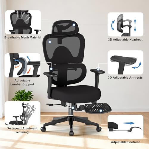 Ergonomic Office Chair with Footrest – Adjustable Lumbar Support, 3D Armrests & Headrest, Wide-Seat High-Back Mesh Computer Chair with Casters, Suitable for Home & Office, Black - style: with Footrest