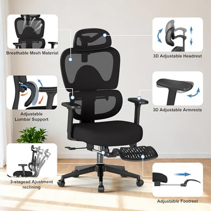 Ergonomic Office Chair with Footrest – Adjustable Lumbar Support, 3D Armrests & Headrest, Wide-Seat High-Back Mesh Computer Chair with Casters, Suitable for Home & Office, Black - style: with Footrest