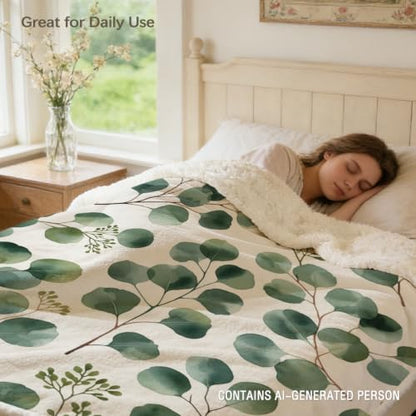 MILANKET Eucalyptus Sherpa Blanket Botanical Leaf Throw Blanket | Sherpa; Soft; Eucalyptus Sherpa Blanket Botanical Leaf Throw; Fuzzy; Cozy; Plush; for; Couch; Bed; Warm; Blankets; Minimal - color: Eucalyptus, size: Throw(50"x60")