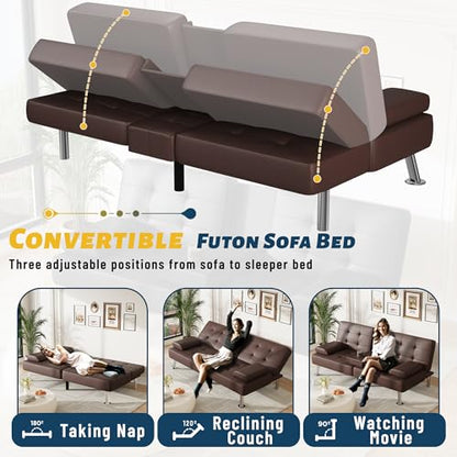 Furmax Leather Futon Sofa Bed, Adjustable Futon Couch for Living Room | Sleeper Sofa Bed with 2 Cup Holders, Reclining Futon Loveseat for Apartment, Business Office & Small Spaces | Brown - color: Brown