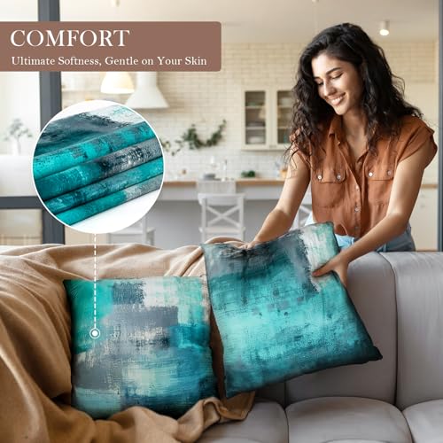 Teal Abstract Throw Pillow Covers 16x16 Set of 4 | Turquoise & Grey modern‑art cushion covers, aesthetic accent pillowcases for sofa, bedroom and chair - color: Teals & Turquoise, size: 16" x 16" (Pack of 4)