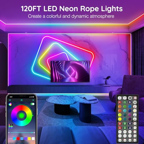 AILBTON 120Ft Neon Rope Lights,Flexible Led Rope Lights Control with App/Remote,Multiple Modes RopeLights,IP65 Outdoor RGB Led Neon Lights NonWater Resistant,Music Sync Gaming Led NeonLight Strip - size: 120FT